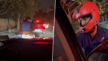Pizza Delivery in Bengaluru Traffic Jam Video: Stuck on Congested Road, Man Orders Pizza, Domino's Delivery Boys Bring Food Tracking His Live Location
